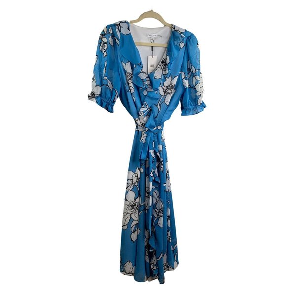 Calvin Klein Womens Floral Printed Chiffon Faux Wrap Dress Blue Size M NWT - Picture 2 of 13